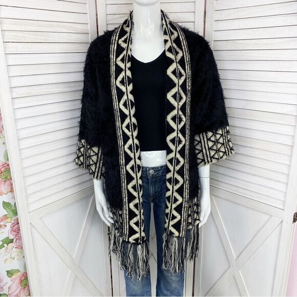 Kayla by Tally Taylor Boho Cardigan Sweater Fuzzy Fringe Hem Black Small Medium - Picture 1 of 11
